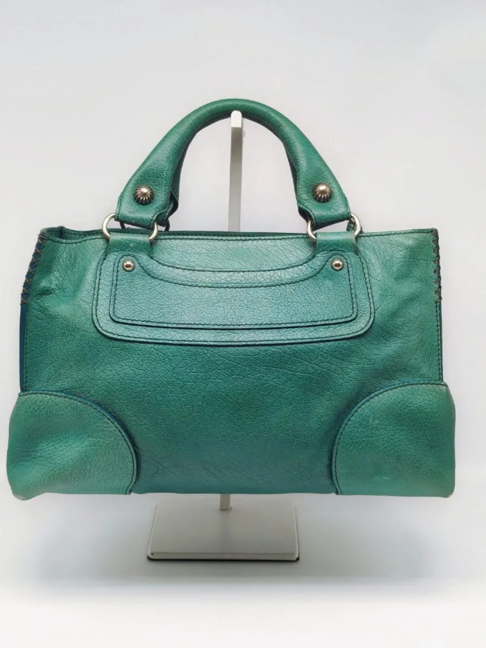 Celine Pebbled Leather Satchel Handbag Turquoise Blue Teal Silver Hardware